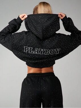 PLAYBOY Black Speckle Back-Logo Cropped Hoodie